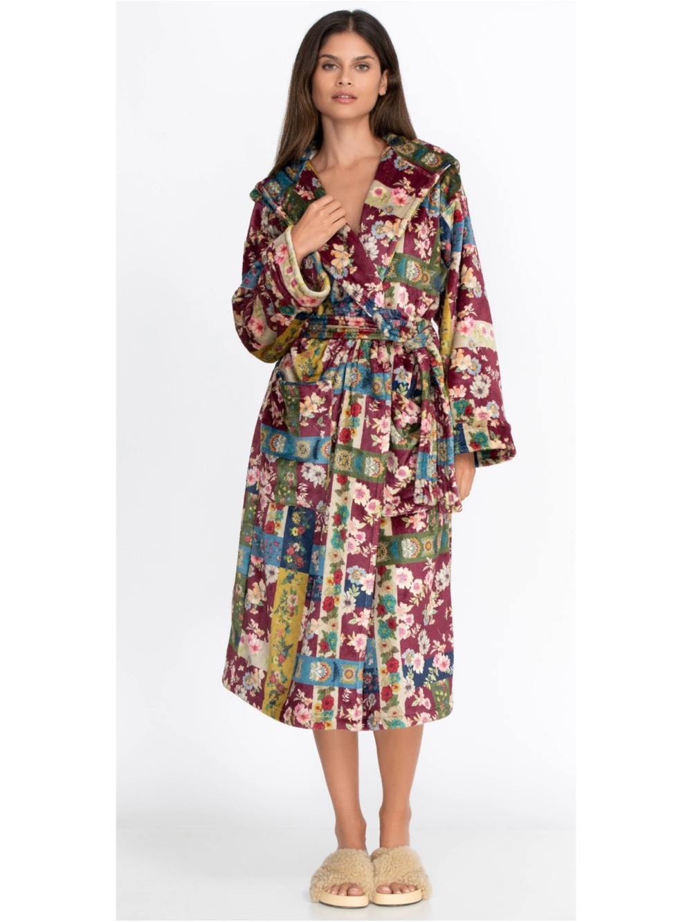 Johnny Was || Laurie Cozy Robe Hooded Belted Patchwork Floral Burgundy L / XL
